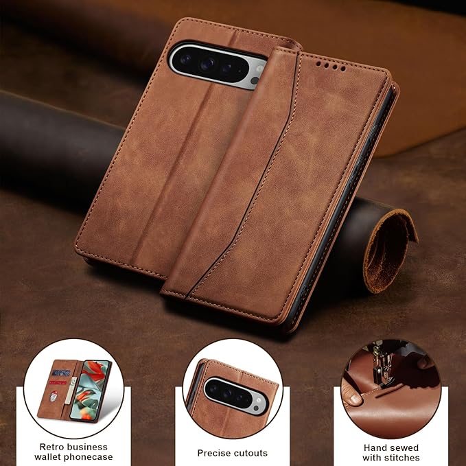 Jasonyu Flip Wallet Case for Google Pixel 9 Pro XL,Leather Magnetic Folio Cover with Card Holder,Kickstand - TPU Shockproof Durable Protective Phone Case,Brown
