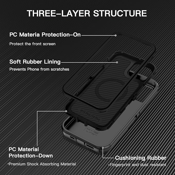 for iPhone 14 Plus Case,iPhone 15 Plus Case [Compatible with MagSafe] Shockproof 3-Layer Full Body Protection Rugged Heavy Duty Cover for Apple iPhone 14/15 Plus 6.7",Black