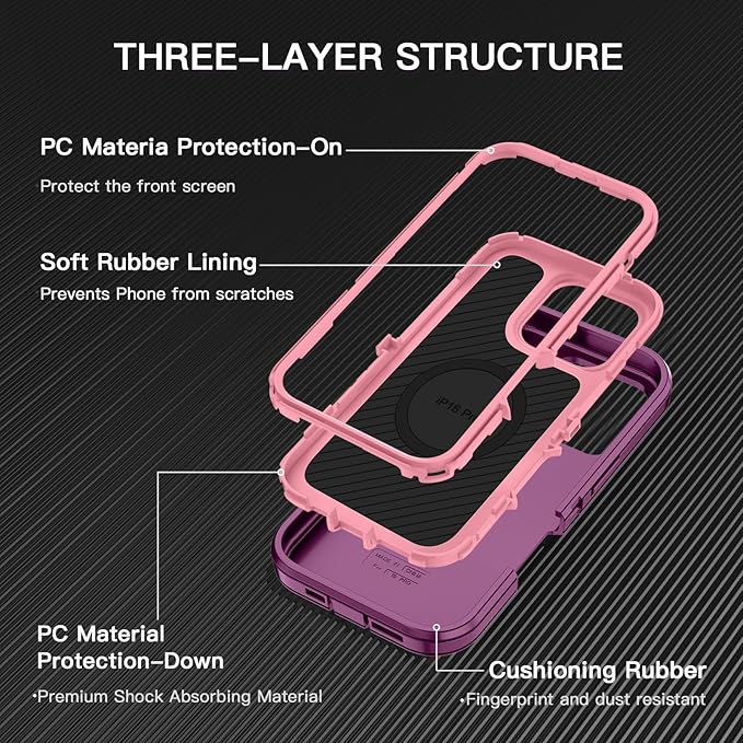 for iPhone 16 Pro Max Case [Compatible with MagSafe] Shockproof 3-Layer Full Body Protection [Without Screen Protector] Rugged Heavy Duty Cover Case for Apple iPhone 16 Pro Max,Purple/Pink
