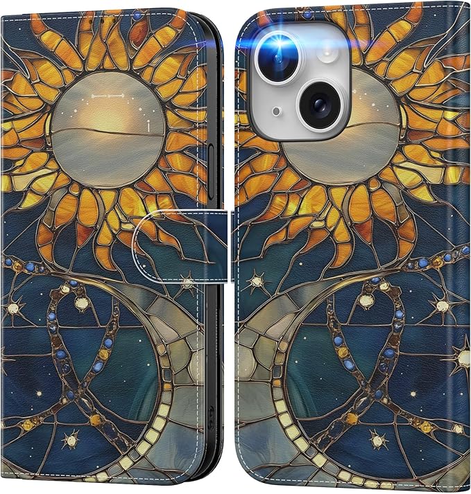 DEENAKIN for iPhone 15 Wallet Case with Card Holder + Cash Clip, RFID-Blocking, Military-Grade Drop Protection, Magnetic Closure with Leather Kickstand - Solar Lunar Harmony