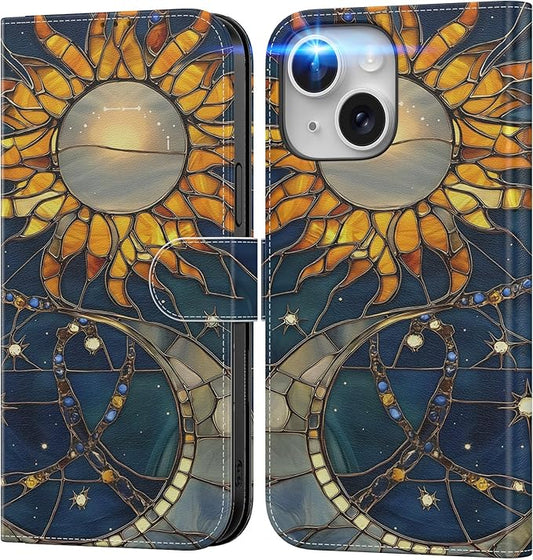 DEENAKIN for iPhone 15 Wallet Case with Card Holder + Cash Clip, RFID-Blocking, Military-Grade Drop Protection, Magnetic Closure with Leather Kickstand - Solar Lunar Harmony