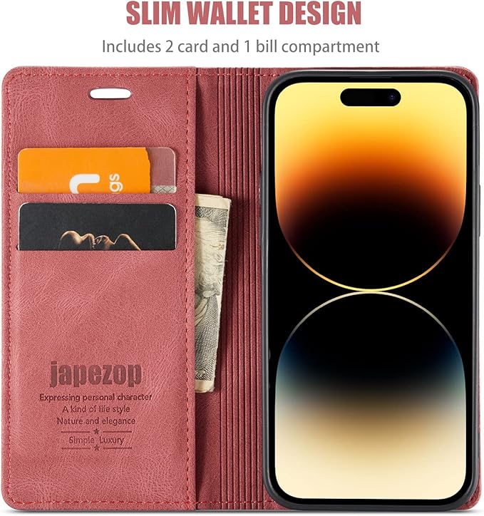 japezop Compatible with iPhone 14 Pro Wallet Case,with [RFID Blocking] Credit Card Slots Folio Magnetic Stand,Leather Flip Case Wallet for iPhone 14 Pro 5G 6.1 Inch (Red)