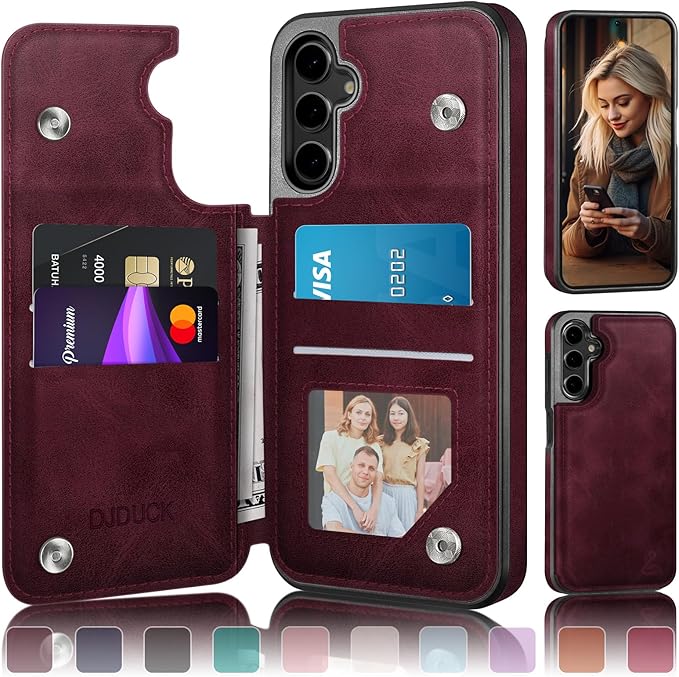 DJDUCK Designed for Samsung Galaxy S25 Case Wallet with Card Holder, [Magnetic Clasp Cover] [RFID Blocking Leather Protection] Shockproof Women Men Cases for Samsung S25 Wine Red