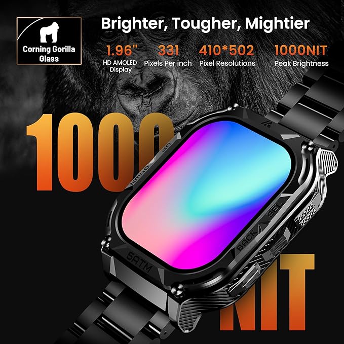 AMAZTIM GPS Smart Watch for Men, 6 Satellite Positioning, Compass, Stainless Steel Body, 50M Waterproof, 480mAh Extra-Large Battery, Answer/Make Call, 1.96" AMOLED Screen, Compatible for Android iOS