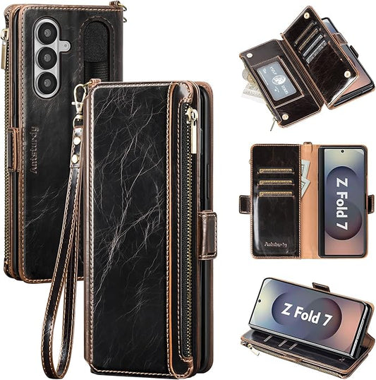 Antsturdy Compatible with Samsung Galaxy Z Fold7 Case Wallet with Card Holder,Z Fold 7 5G Phone Case with Strap Shockproof PU Leather RFID Blocking Flip Cover Credit Card Slots Women Men,Coffee