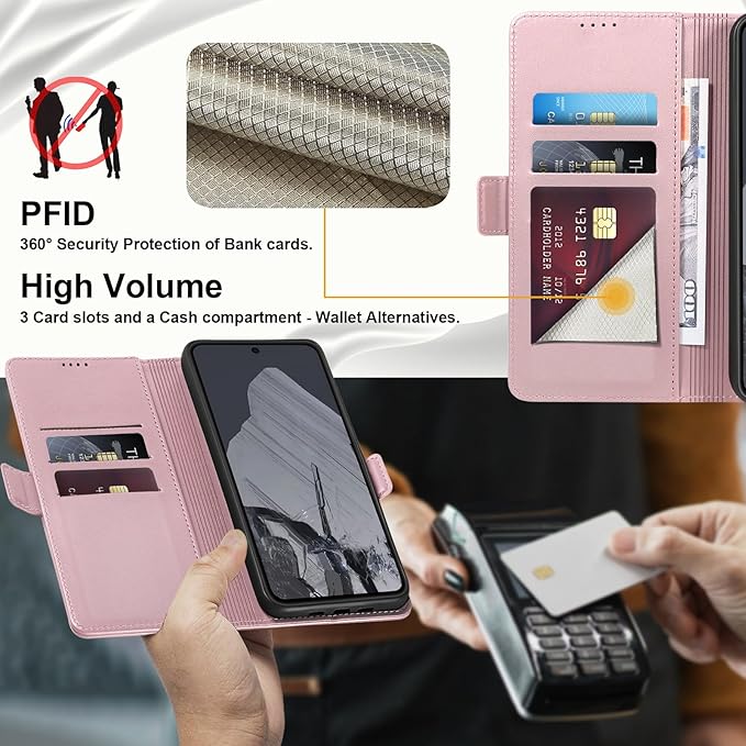 Wallet Flip Case for Google Pixel 8 Pro - [RFID Blocking] Luxury PU Leather Card Holder Magnetic Phone Cover with Kickstand,Shockproof Protective Case,Pink