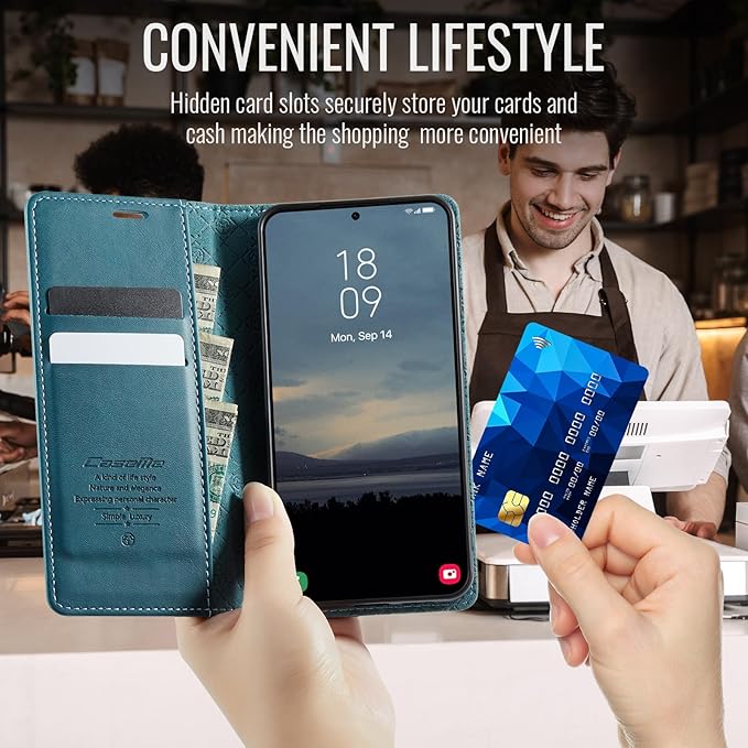 Wallet Case for Samsung Galaxy S25 Edge Leather Wallet Flip Cover with Card Holder, Kickstand, Magnetic Closure, RFID Blocking TPU Shockproof Phone Case Compatible with S25 Edge, Blue-Green