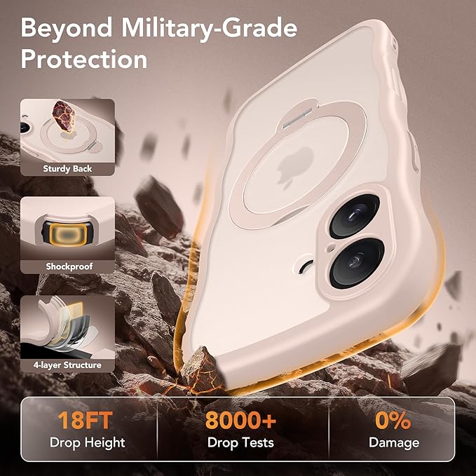 for iPhone 16 Case, [Compatible with Magsafe][360° Spin Magnetic Stand][Military-Grade Protection][Camera Control][Cute Wave Edge] Translucent Matte Women Phone Cover for iPhone 16, Rose Gold