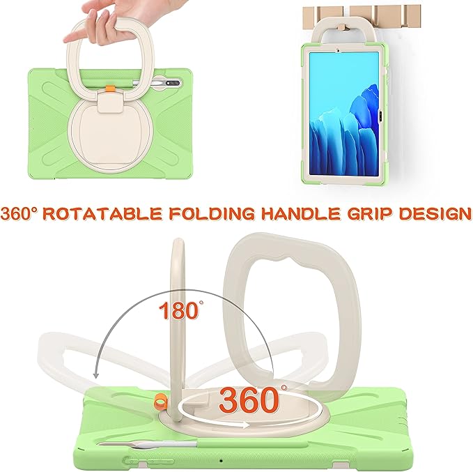 360 Rotation Portable Case for Galaxy Tab S8+/S7 FE/S7+ 12.4 Inch Case with S Pen Holder Rugged Case Rotating Stand Hand Strap Shoulder Carrying Strap Outdoor Cover (LightGreen)