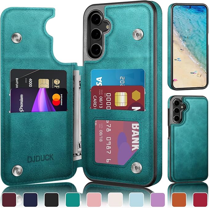 DJDUCK Designed for Samsung Galaxy S25 Case Wallet with Card Holder, [Magnetic Clasp Cover] [RFID Blocking Leather Protection] Shockproof Women Men Cases for Samsung S25 Blue Green