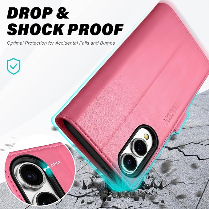 TUCCH Case Wallet for Galaxy S25 Edge, PU Leather Magnetic Kickstand [RFID Blocking] [4 Card Slots] Folio Flip Cover with [TPU Shockproof Interior Case] Compatible with Galaxy S25 Edge 6.7", Hot Pink