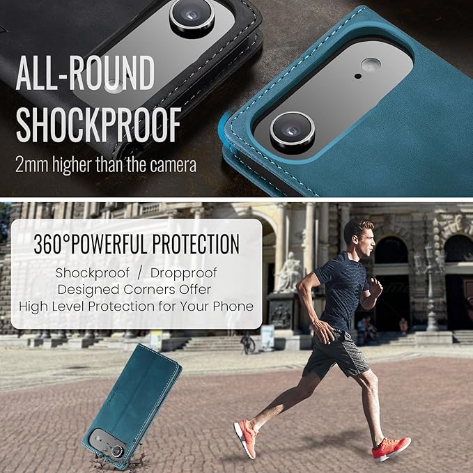 for iPhone 17 Air Case, Flip Wallet Leather Case with Card Holder Magnetic Closure Shockproof Kickstand Protective Phone Cases Cover for iPhone 17 Air, Blue-Green