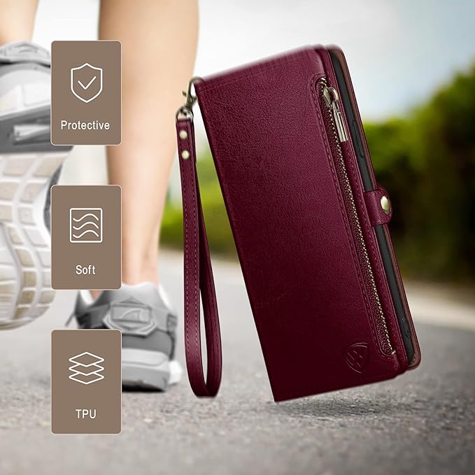 XcaseBar Compatible with iPhone 17 6.3" Wallet case with Zipper Credit Card Holder【RFID Blocking】,Flip Folio Book PU Leather Phone case Shockproof Cover Women Men for Apple 17 case Wine Red