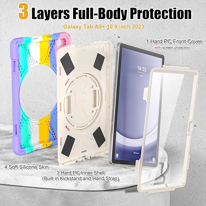 BRAECNstock Kids Case for Samsung Galaxy Tab A9+ Plus 11 inch (SM-X210/X216/X218) Shockproof Protective Case with Screen Protector Pen Holder [360° Rotating Hand Strap+Stand], Colorful Pink