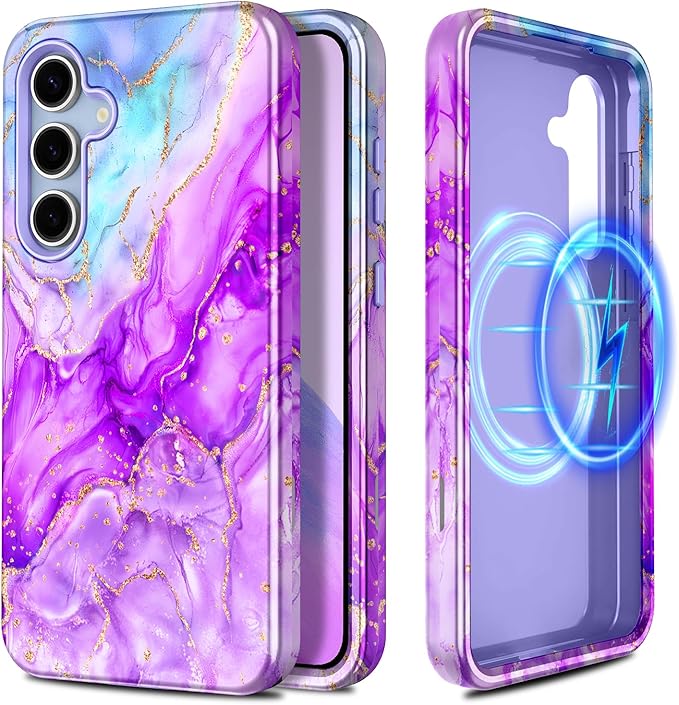 Casetego for Galaxy S24 FE Case,Compatible with MagSafe,[Military Grade Drop Test] Full Body Protection Slim Shockproof Rugged Marble Women Case for Samsung Galaxy S24 FE 6.7 inch,Bright Purple