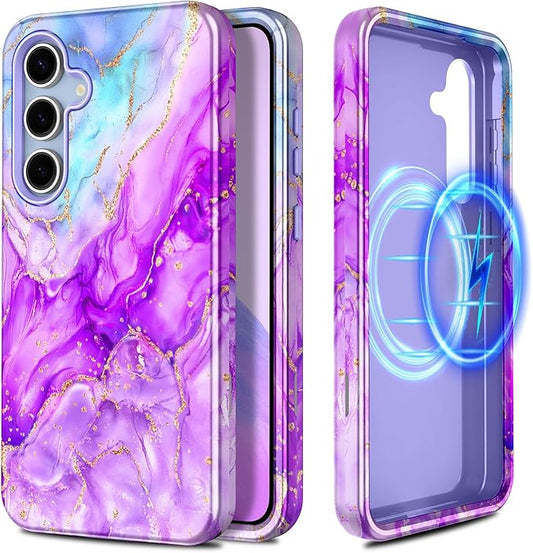 Casetego for Galaxy S24 FE Case,Compatible with MagSafe,[Military Grade Drop Test] Full Body Protection Slim Shockproof Rugged Marble Women Case for Samsung Galaxy S24 FE 6.7 inch,Bright Purple