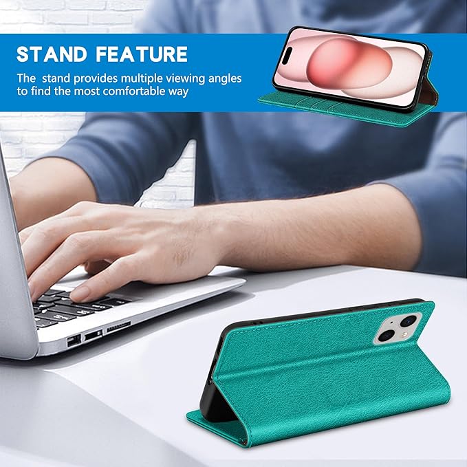 ZZXX for iPhone 15 Wallet Case with [RFID Blocking] Card Slot Stand Strong Magnetic Leather Flip Fold Protective Phone Case for iPhone 15 Case Wallet(Lake Blue-6.1 inch)