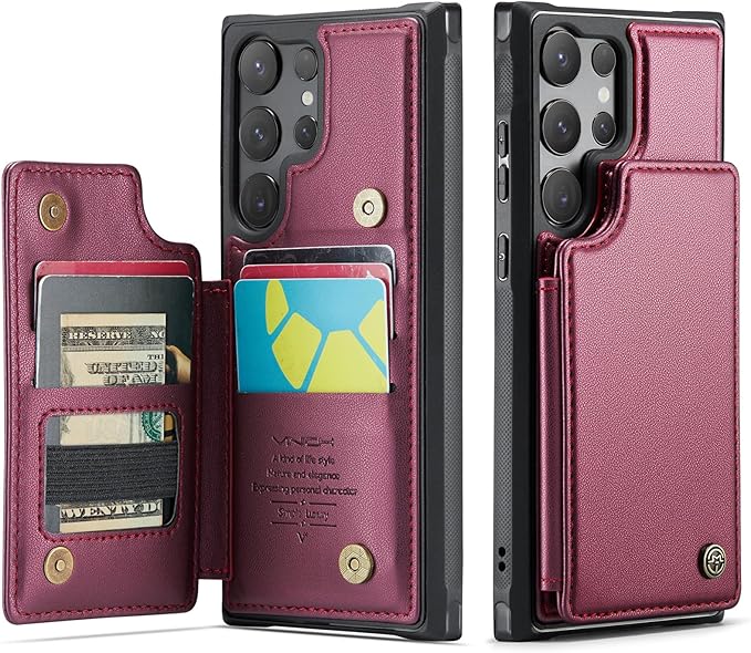 Vinich for Samsung Galaxy S25 Ultra Wallet Case with Card Holder, RFID Blocking Credit Slots Kickstand Shockproof Phone Cover for Women Men, Wine Red