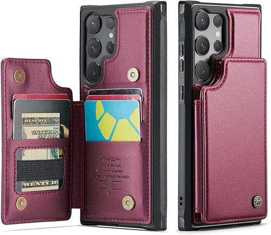 Vinich for Samsung Galaxy S25 Ultra Wallet Case with Card Holder, RFID Blocking Credit Slots Kickstand Shockproof Phone Cover for Women Men, Wine Red