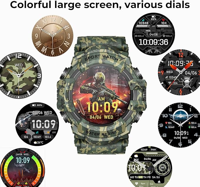 MIDDOW Military Smart Watch with Flashlight (Answer/Make Call) Compass, Heart Rate/Sleep/Sports Tracker, IP68 Waterproof, Long Battery Life, HD Screen, Android & iOS (Camo Green)