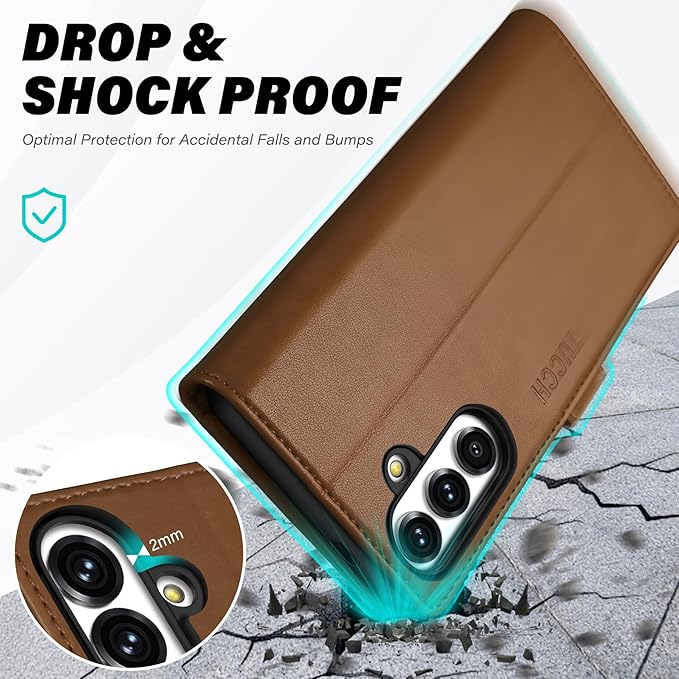 TUCCH Case Wallet for Galaxy S25 Plus 5G, Magnetic PU Leather Kickstand [RFID Blocking] Card Slot Protective Flip Cover with [TPU Shockproof Interior Case] Compatible with Galaxy S25 Plus 6.7", Brown