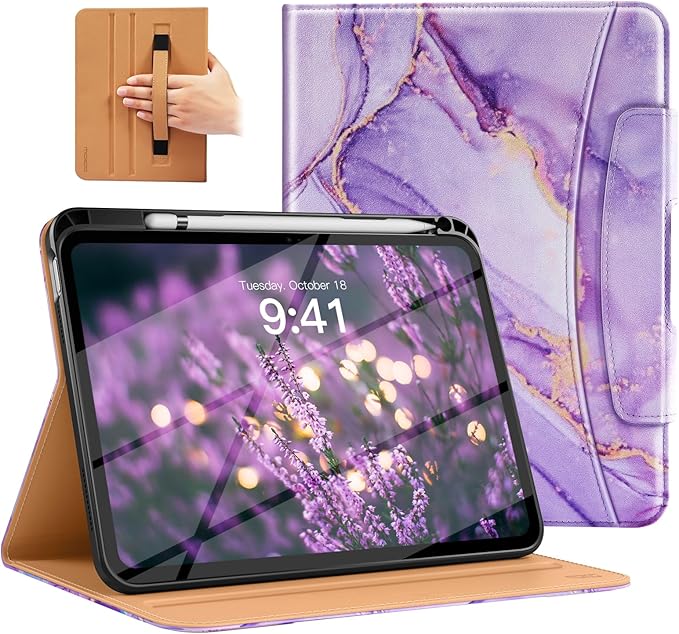 MoKo for iPad (A16) 11th Generation Case 11 inch 2025, iPad 10th Generation Case 10.9" 2022 with Pencil Holder & Pocket, Premium Leather Folio Stand Cover, Multiple Viewing Angles, Purple Gold Marble