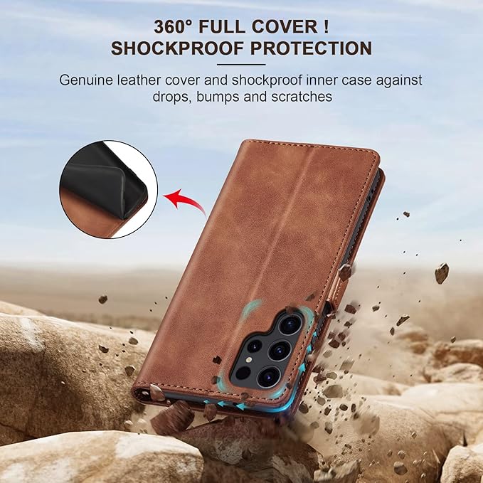 Jasonyu Flip Wallet Case for Samsung Galaxy S23 Ultra 5G,Leather Magnetic Folio Cover with Card Holder,Kickstand - TPU Shockproof Durable Protective Phone Case,Brown