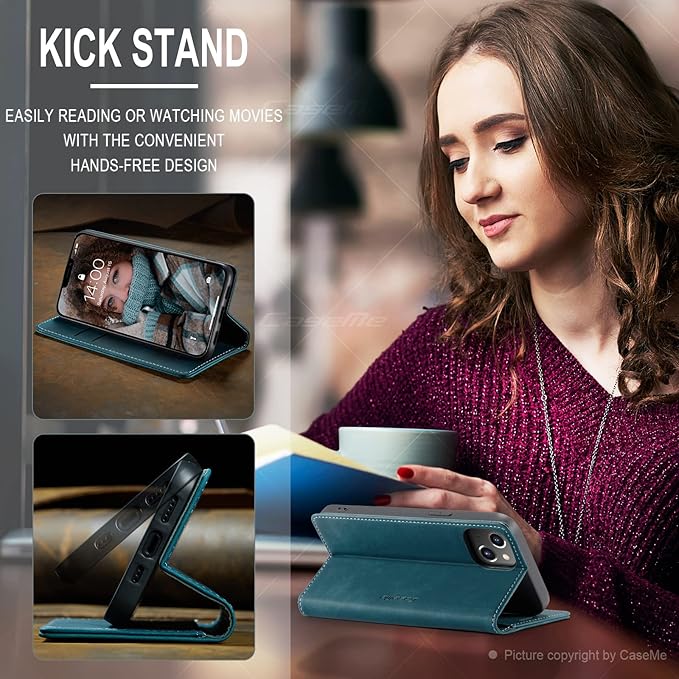 for iPhone 13 Case, Flip Wallet Leather Case with Card Holder Magnetic Closure Shockproof Kickstand Protective Phone Cases Cover for iPhone 13, Blue-Green