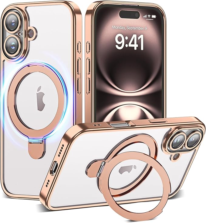 Compatible with Clear iPhone 15 Case with Magnetic Stand [Compatible with Mag-Safe][Full Camera Len Protectors] Shockproof Plating Phone Case for iPhone 15 6.1’’,Desert Gold