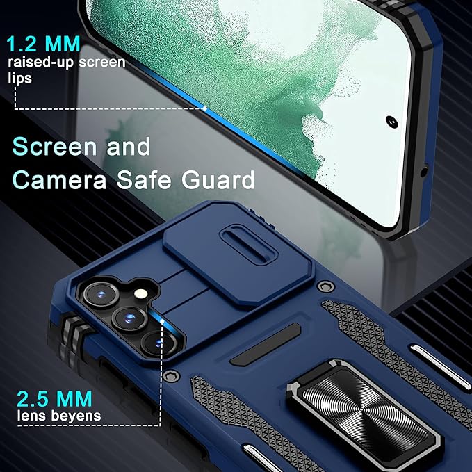 DEERLAMN Case for Samsung Galaxy S23 FE 6.4-Inch with Slide Camera Cover+Screen Protector(1 Pack),Rotated Ring Kickstand Military Grade Shockproof Protective Cover-Navy Blue