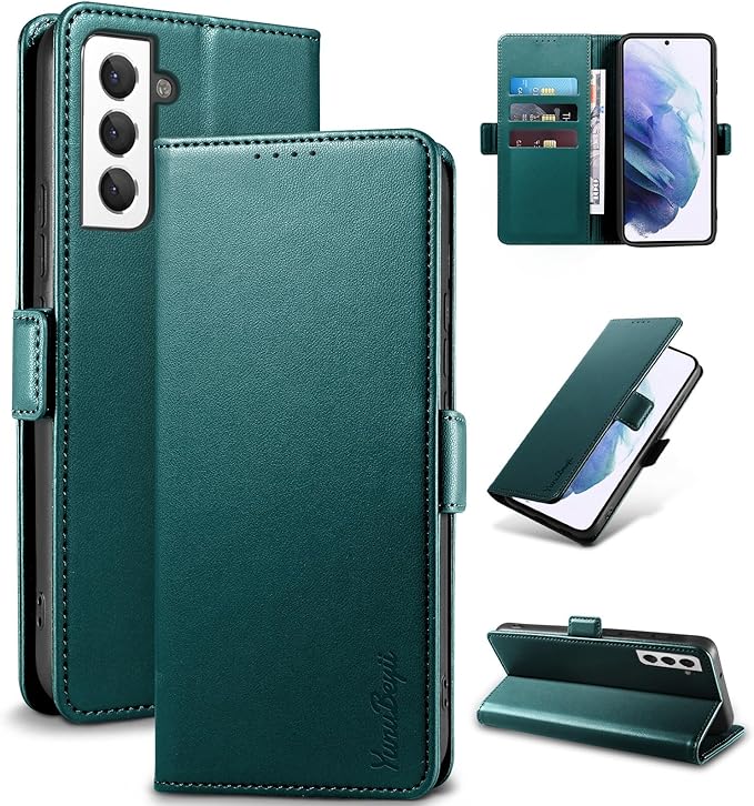 Wallet Flip Case for Samsung Galaxy S21 5G - [RFID Blocking] Luxury PU Leather Card Holder Magnetic Phone Cover with Kickstand,Shockproof Protective Case,Green