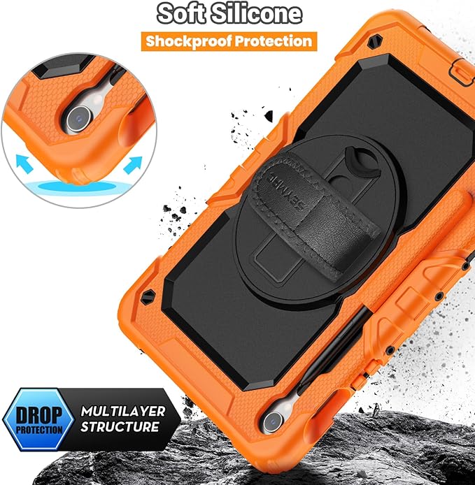SEYMAC Case for Samsung Galaxy Tab S10 Lite/ S10 FE/ S9 FE/ S9 5G (10.9''/11''), Heavy Duty Shockproof Protective Case with Screen Protector, Rotating Stand, Hand Strap and Pen Holder, Orange