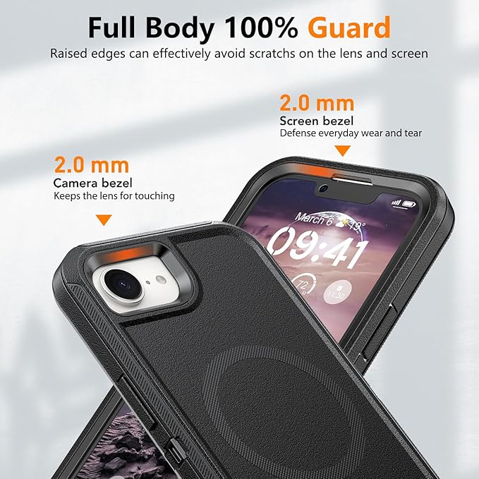 for iPhone 16e Case with Belt Clip Holster, Anti-Shock, Anti-Slip, Compatible with MagSafe, 3-Layer Drop Protection, Heavy Duty Magnetic Phone Case Cover for 16e, 6.1", Black