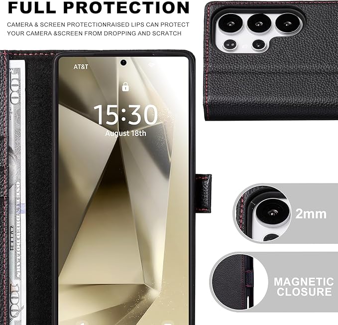 Case for Galaxy S25 Ultra 6.9"-Genuine Leather Folio Wallet Case with Kickstand RFID Blocking Card Holder Magnetic Protective Phone Cover Compatible with Galaxy S25 Ultra 2025 (Black)