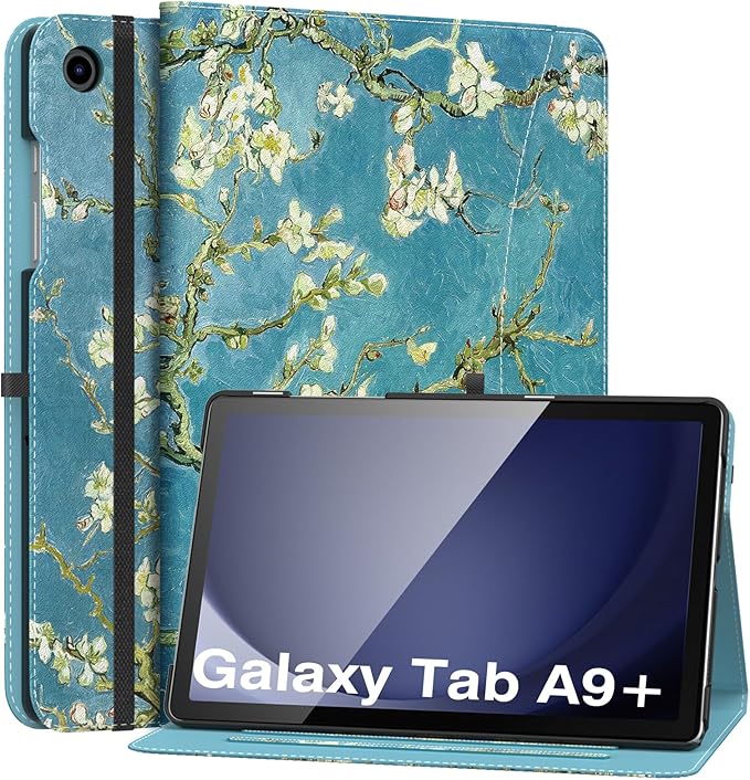 MoKo Case for Samsung Galaxy Tab A9 Plus 11" 2023 (SM-X210/SM-X216/SM-X218), PU Leather Multi-Angle Viewing Folding Stand Cover Case with Hand Strap, Front Pocket, Auto Wake/Sleep, Almond Blossom
