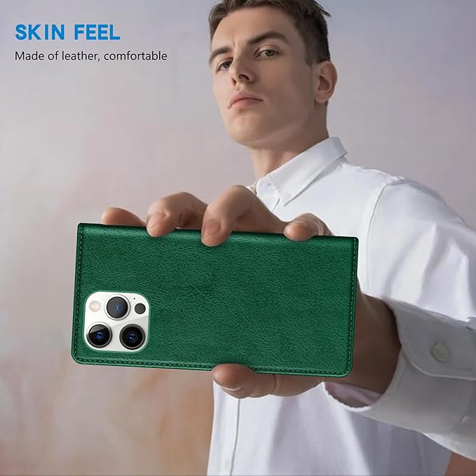 ZZXX for iPhone 15 Pro Wallet Case with [RFID Blocking] Card Slot Stand Strong Magnetic Leather Flip Fold Protective Phone Case for iPhone 15 Pro Case Wallet(Green-6.1 inch)