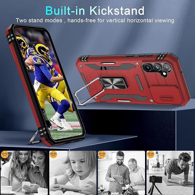 DEERLAMN Case for Samsung Galaxy S23 FE 6.4-Inch with Slide Camera Cover+Screen Protector(1 Pack),Rotated Ring Kickstand Military Grade Shockproof Protective Cover-Red