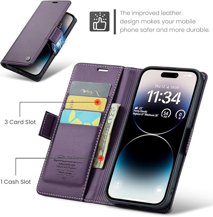 for iPhone 14 Pro Case, Premium PU Leather Wallet Case Flip Cover with [RFID Blocking][Card Holder][Stand Function] Shockproof Protective for iPhone 14 Pro 6.1 inch, Purple