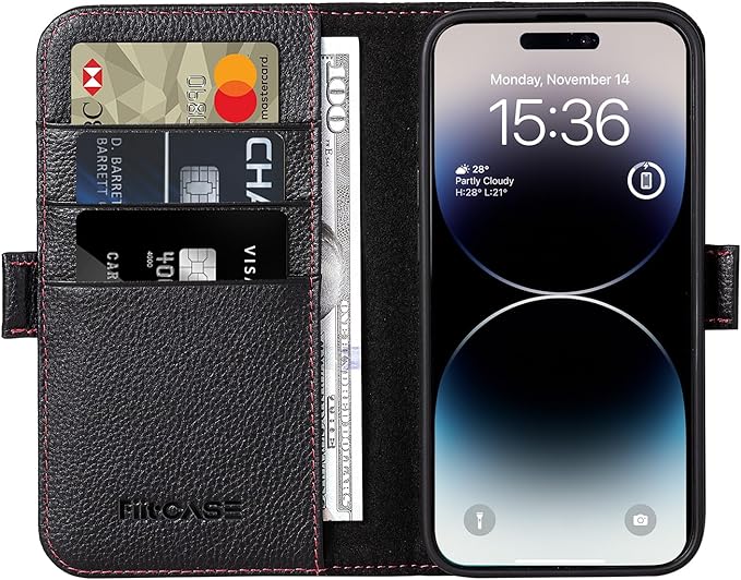 Case for iPhone 16e 6.1", Genuine Leather Wallet Magnetic Cover RFID Blocking Card Slot Kickstand Shock-Absorbent TPU Phone Holder Case Compatible with iPhone 16e 2025 5G (Black)