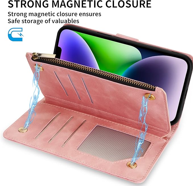 ZZXX for iPhone 14 Plus Case Wallet with [RFID Blocking] Card Slot Premium Soft PU Leather Zipper Flip Folio with Wrist Strap Kickstand Protective Cover for iPhone 14 Plus Wallet Case(Pink-6.7 inch)