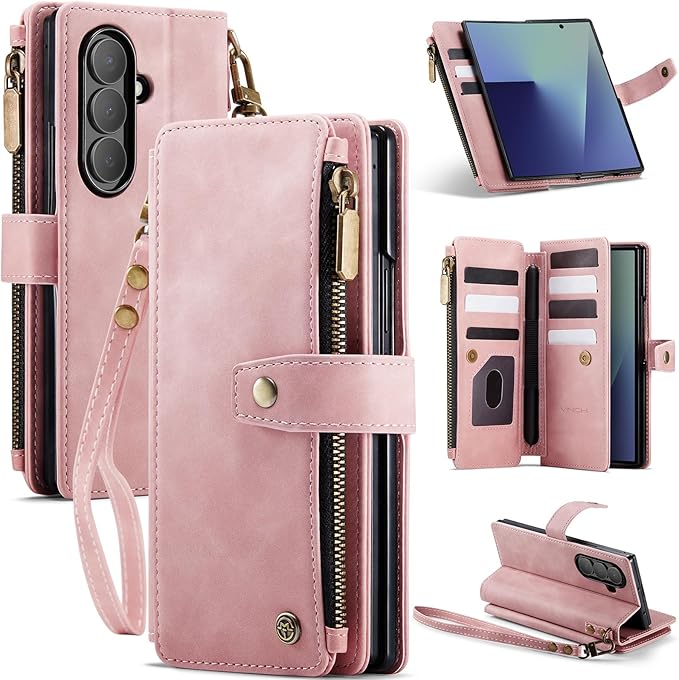 Vinich for Samsung Galaxy Z Fold 7 Wallet Case with Card Holder, Detachable Strap RFID Blocking Credit Slots Kickstand Shockproof Phone Cover for Women Men, Rose Pink