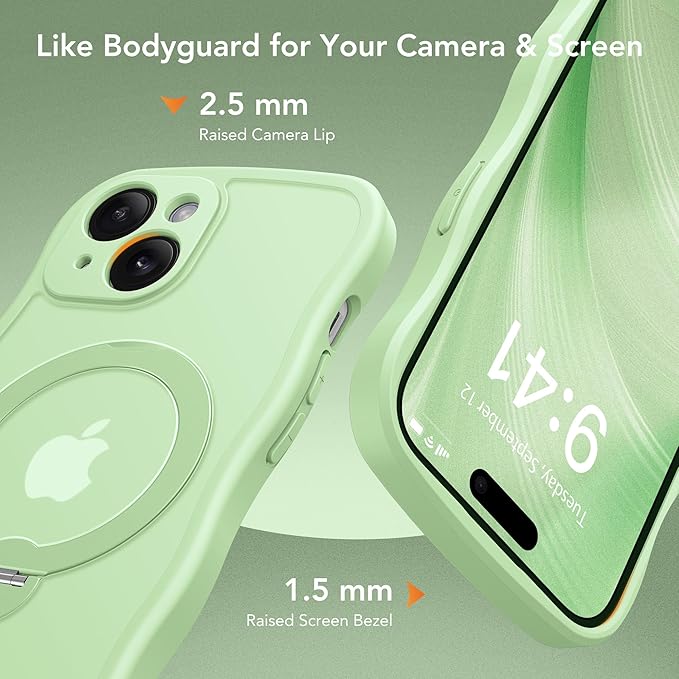 GolbinBox for iPhone 15 Case for Women,[Compatible with Magsafe][360° Spin Magnetic Stand][Cute Wave Edge][Military-Grade Protection] Translucent Matte Phone Case for iPhone 15, Mint Green