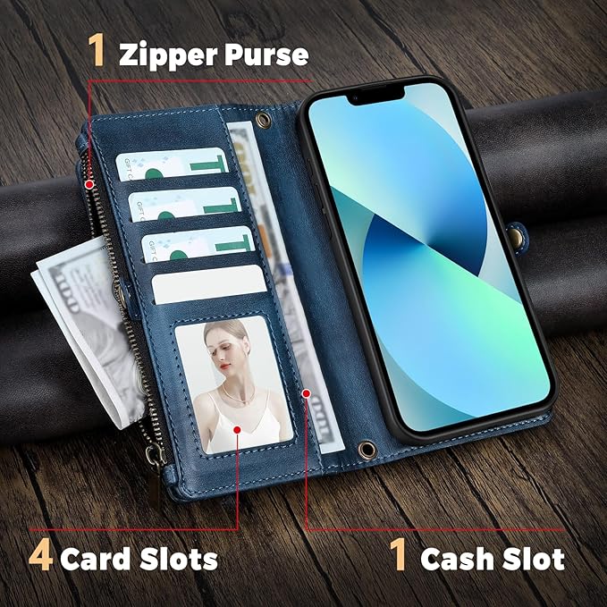 for iPhone 14 Wallet Phone Case with 7 Card Holder,RFID Blocking | PU Leather | Kickstand | Flip | Wrist Strap&Shoulder Strap | Shockproof | Zipper Wallet | Women Men | 6.1" | Blue