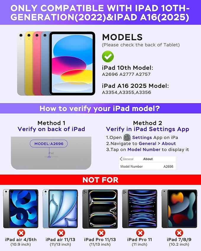 Folio Keyboard Case for iPad 10th Gen 10.9 inch (2022) and iPad 11th (A16, 2025), Magnetic Wireless Detachable Keyboard, 7-Color Backlight, Thin & Light, Pencil Holder (Purple)