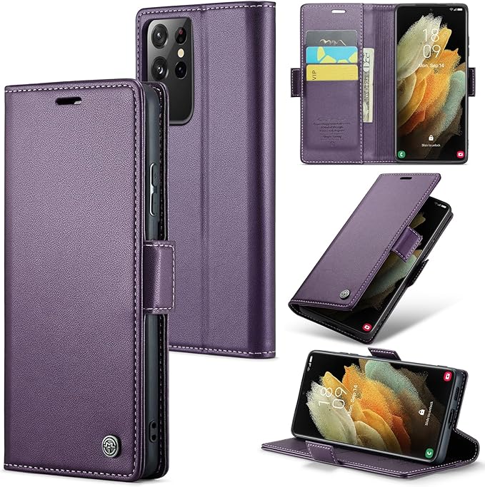 Case for Samsung Galaxy S21 Ultra Wallet Case, RFID Blocking PU Leather Flip Folio Cover Card Holder Kickstand Shockproof Phone Case Compatible with Samsung Galaxy S21 Ultra, Purple