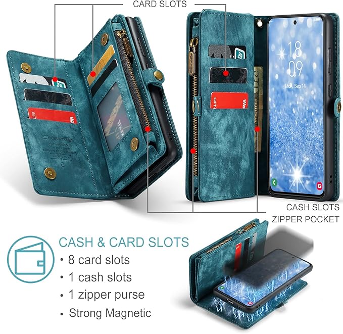 SZHAIYU 2 in 1 Detachable for Samsung Galaxy S23 Wallet Case with Card Holder, Retro Premium Flip Leather Cover Magnetic Zipper Pocket Phone Cases 6.1'' (Blue,S23)