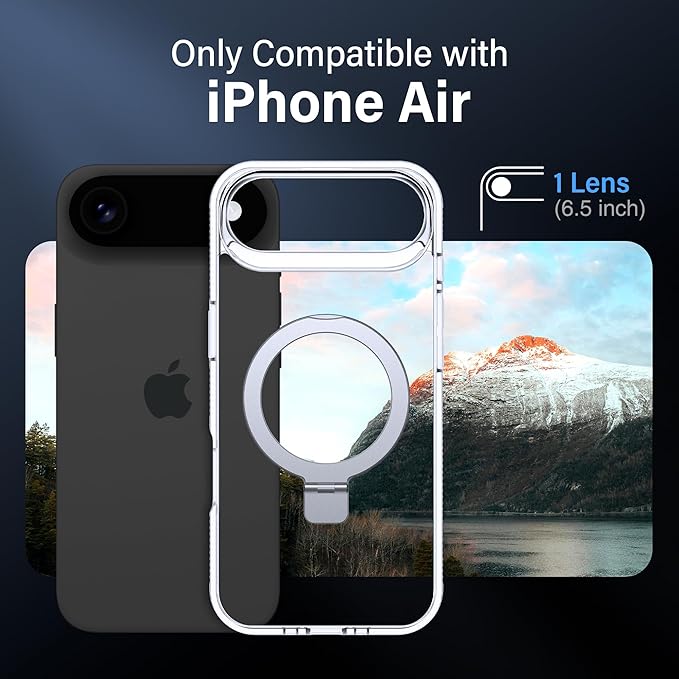 Magnetic Case for iPhone Air - [Built-in Invisible Stand] [Compatible with MagSafe] [Military Grade Drop Protection] Anti-Yellowing Hard Back Silicone Edge Cover, 6.5", Clear