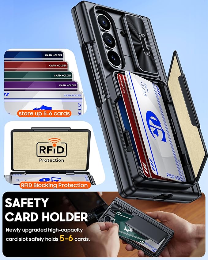 CENMASO for Samsung Galaxy Z Fold 7 Case with Card Holder [RFID Blocking] Camera Cover, Hinge Protection, Hidden Kickstand, Screen Protector, Slim Shockproof Phone Case for Galaxy Z Fold 7-Black