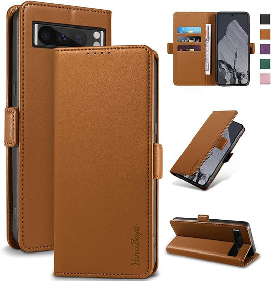 Wallet Flip Case for Google Pixel 8 Pro - [RFID Blocking] Luxury PU Leather Card Holder Magnetic Phone Cover with Kickstand,Shockproof Protective Case,Brown