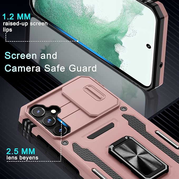 DEERLAMN Case for Samsung Galaxy S23 FE 6.4-Inch with Slide Camera Cover+Screen Protector(1 Pack),Rotated Ring Kickstand Military Grade Shockproof Protective Cover-Rose Gold